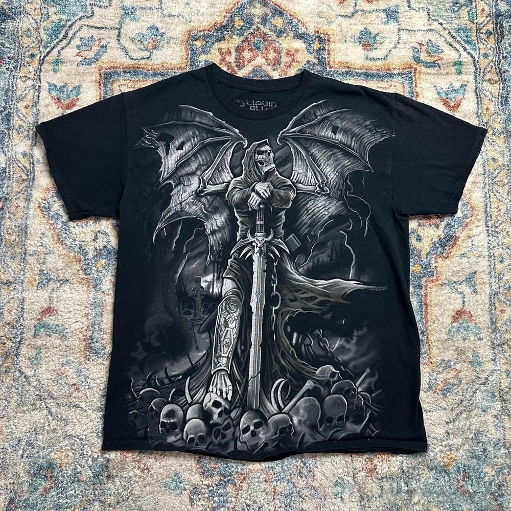 Vintage Y2K Liquid Blue Skulls All Over Print T-shirt Large
